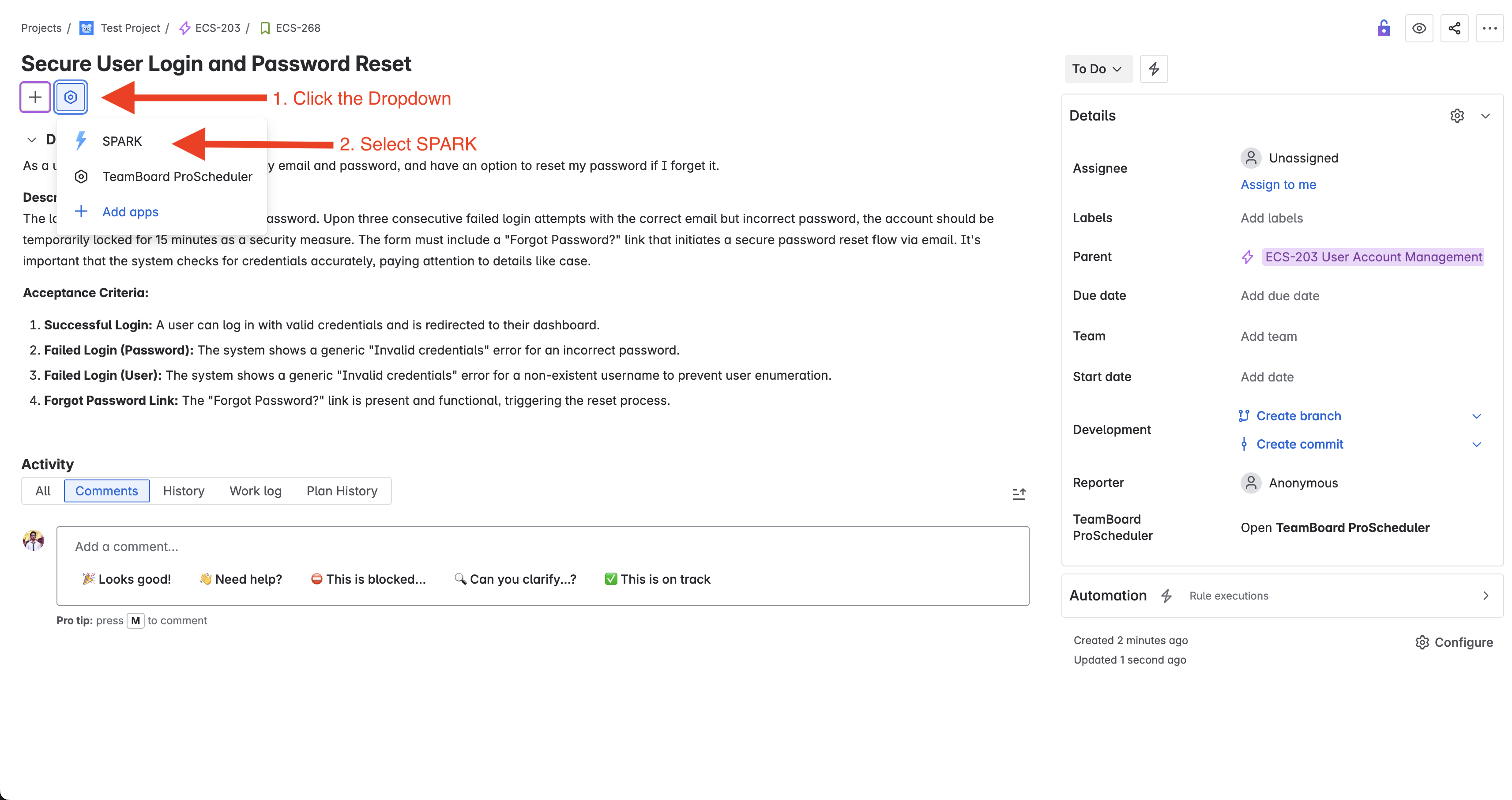 SPARK dropdown menu in Jira showing how to access SPARK from a ticket