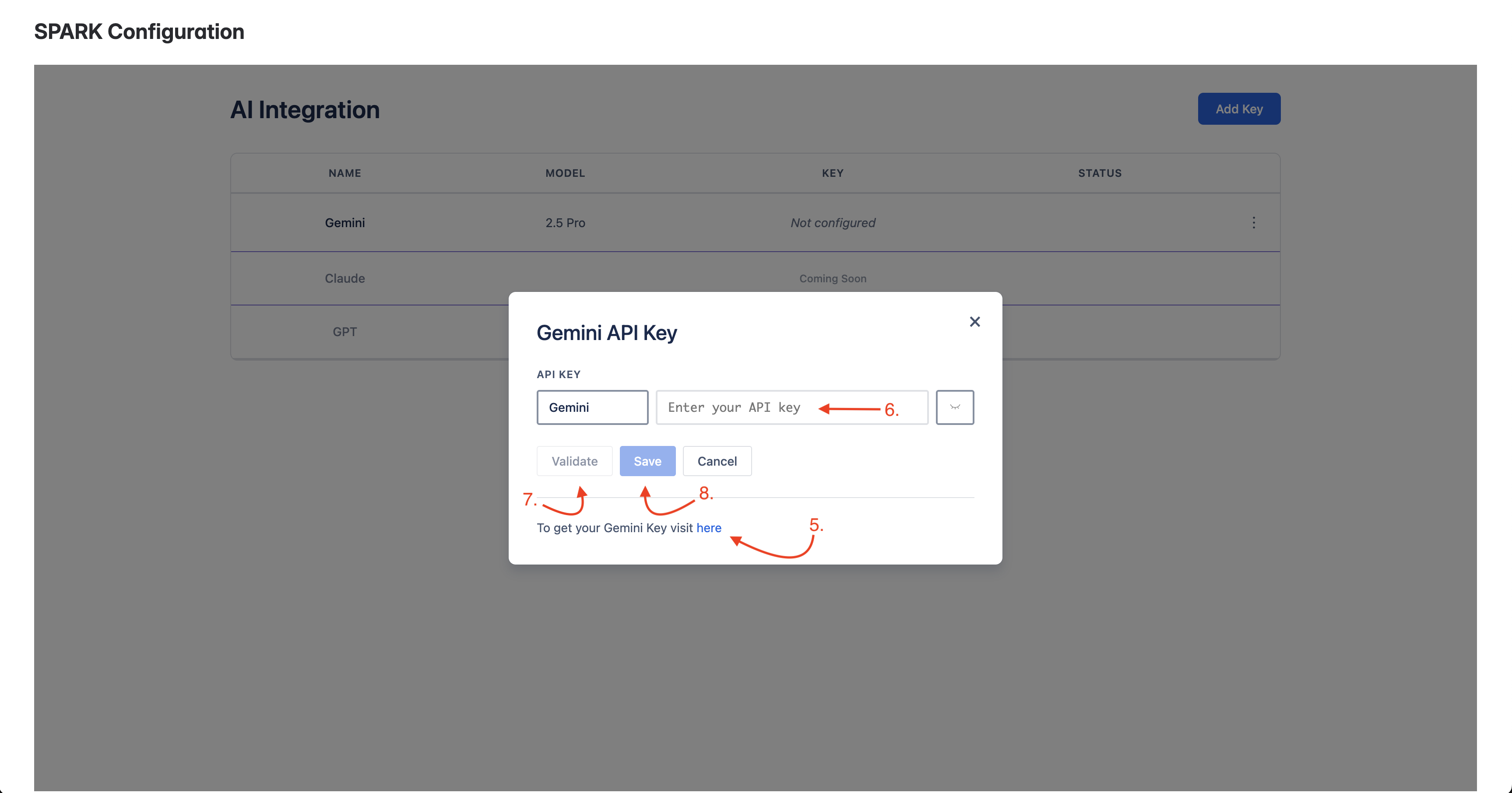SPARK API key configuration dialog showing URL input field, validate button, and save options