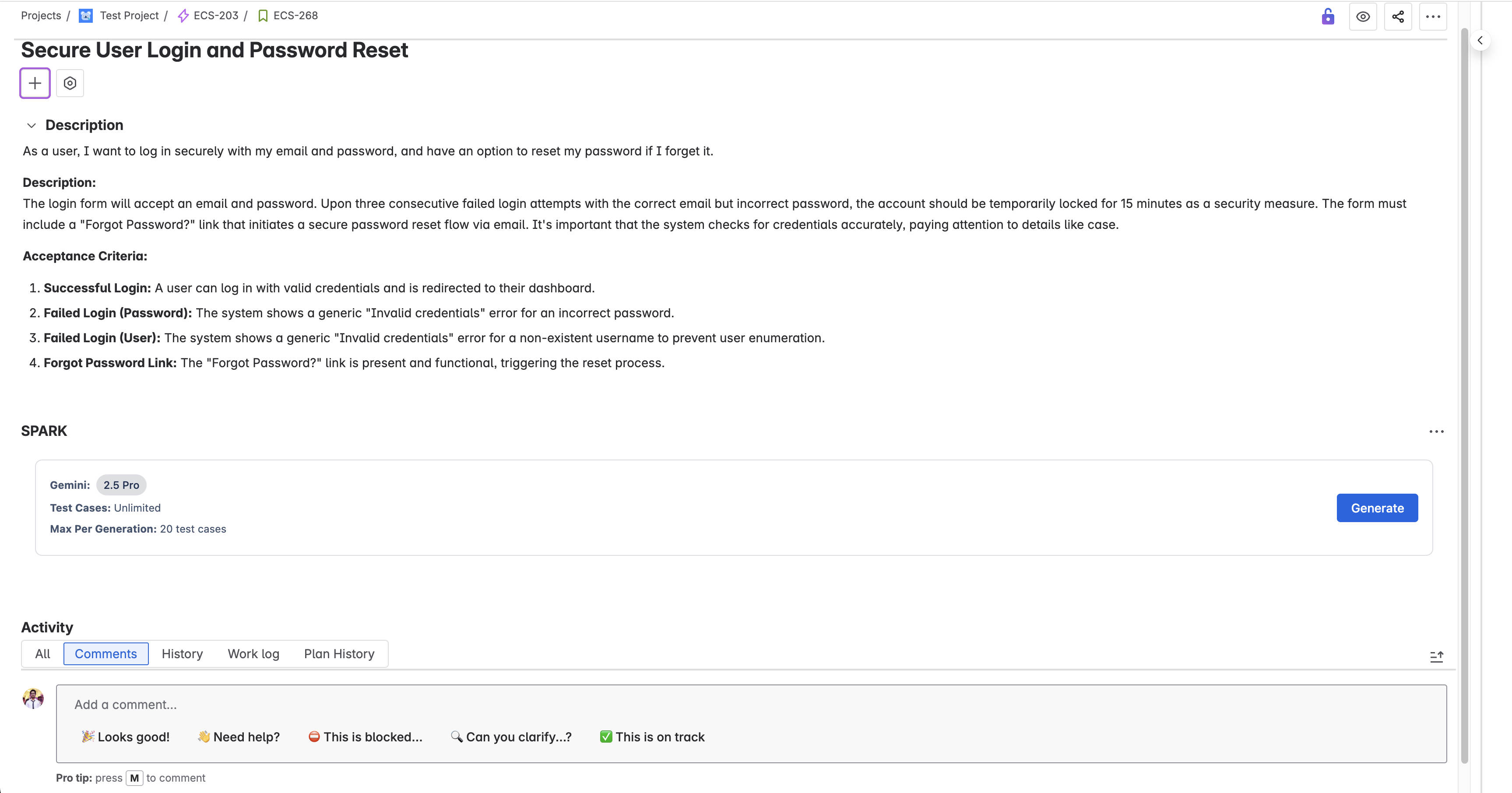 SPARK interface showing successful configuration with AI model selection, test case limits, and generate button